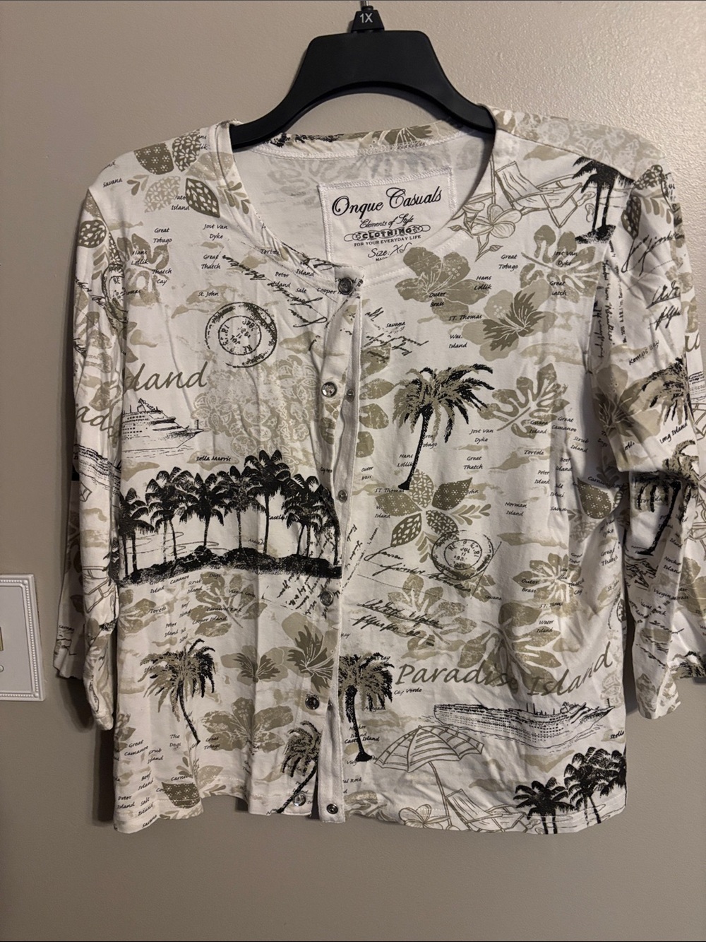Onque Casuals White and Beige Palm-Print Button Front Shirt